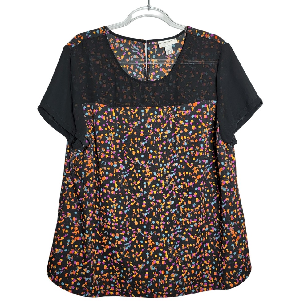 AVA & VIV Womens Top Plus Size 2X Black Confetti Print Mesh Yoke Short Sleeve